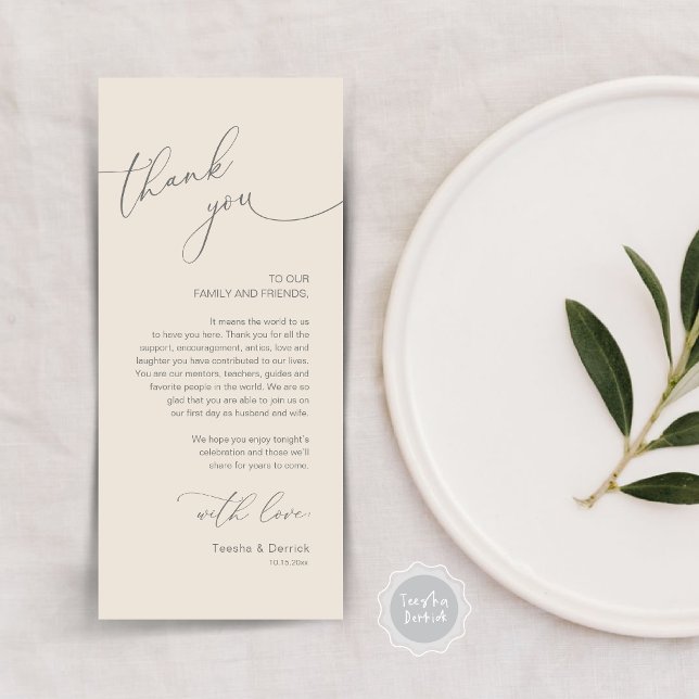 Tarjeta de agradecimiento a Romantic Boda Place (Modern Romantic Wedding Lunch, Brunch, Dinner Place Setting Thank You Card, in Cream Grey)