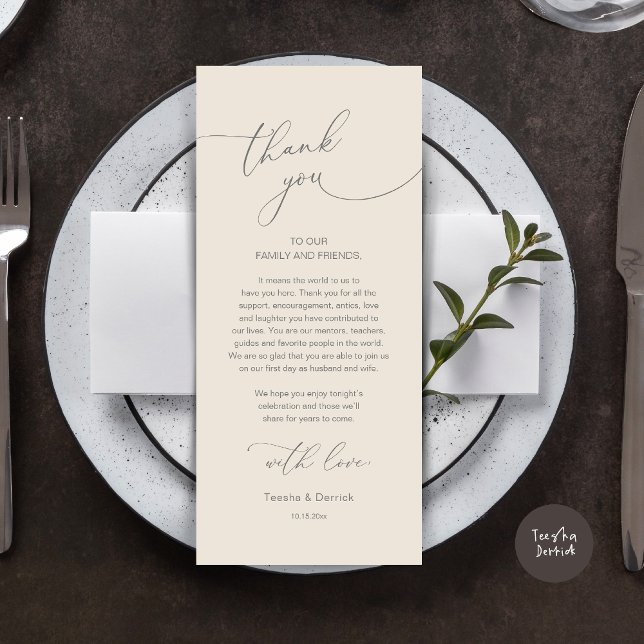 Tarjeta de agradecimiento a Romantic Boda Place (Modern Romance Wedding Dinner, Lunch and Brunch Place Setting Thank You Card, in Cream Grey)
