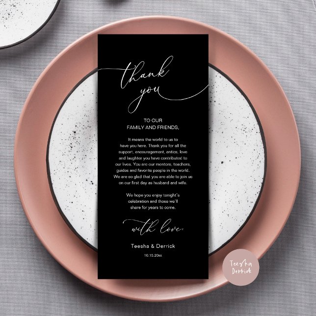 Tarjeta de agradecimiento a Romantic Boda Place (Modern Romance Wedding Dinner, Lunch and Brunch Place Setting Thank You Card, in Classy Black)
