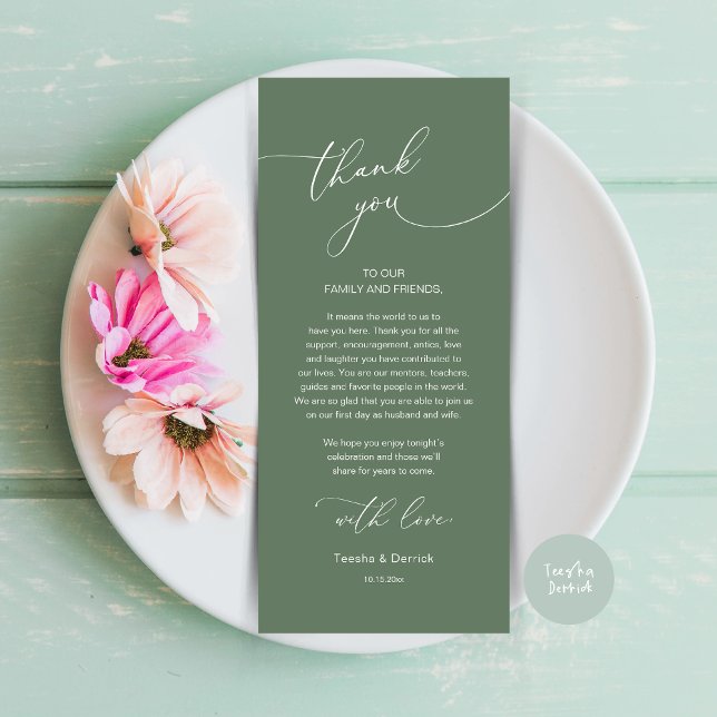 Tarjeta de agradecimiento a Romantic Boda Place (Modern Romance Wedding Dinner, Lunch and Brunch Place Setting Thank You Card, in Sage Green)