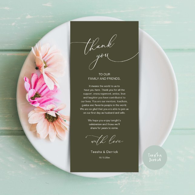 Tarjeta de agradecimiento a Romantic Boda Place (Modern Romance Wedding Dinner, Lunch and Brunch Place Setting Thank You Card, in Olive Green)