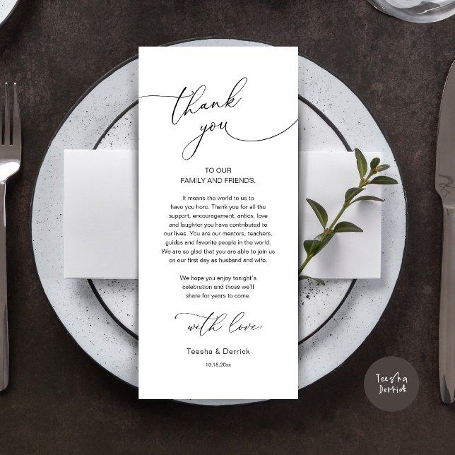 Tarjeta de agradecimiento a Romantic Boda Place (Modern Romance Wedding Dinner, Lunch and Brunch Place Setting Thank You Card, in Black and White)
