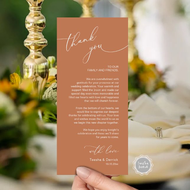 Tarjeta de agradecimiento a Romantic Boda Place (Wedding Dinner Place Setting Thank You Card, Modern Romantic Script, in Copper)