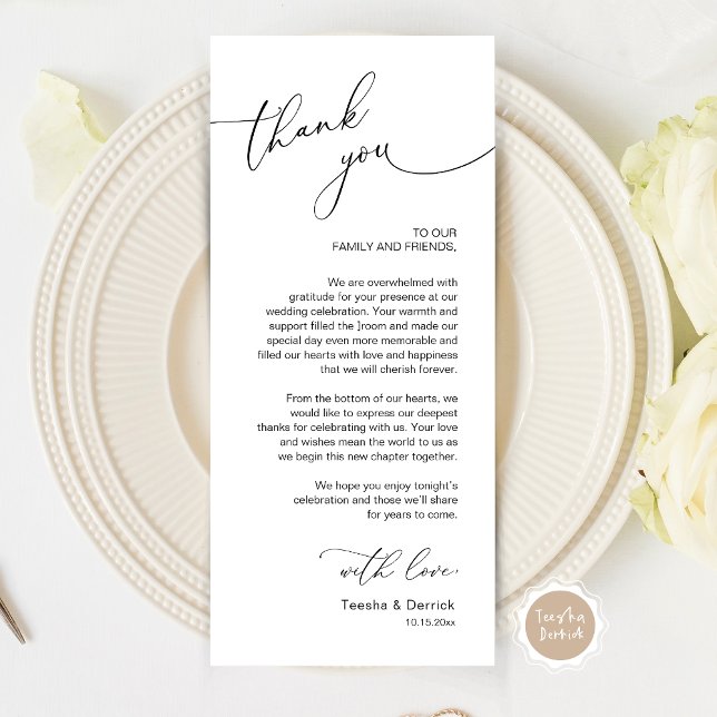 Tarjeta de agradecimiento a Romantic Boda Place (Wedding Dinner Place Setting Thank You Card, Modern Romantic Script, in black and white)