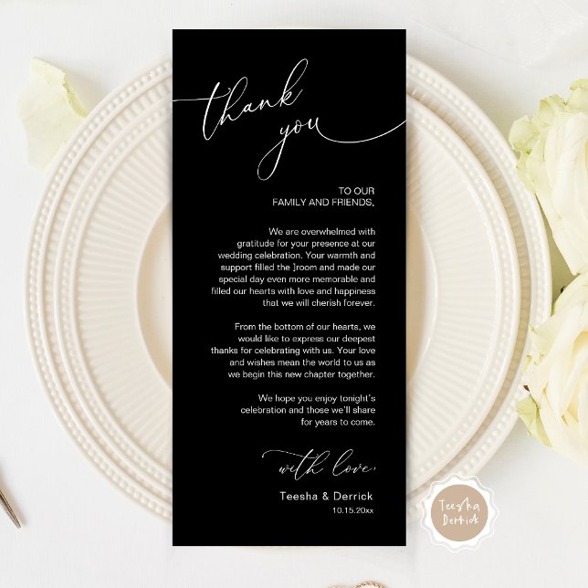 Tarjeta de agradecimiento a Romantic Boda Place (Wedding Dinner Place Setting Thank You Card, Modern Romantic Script, in black and white)