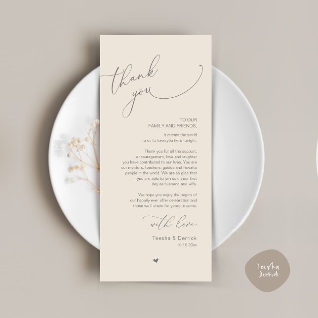 Tarjeta de agradecimiento a Romantic Boda Place (Modern Romantic Wedding Dinner Place Setting Thank You Card, Plate Decor, in Dark Grey and Cream)