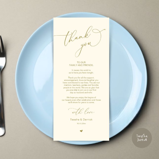 Tarjeta de agradecimiento a Romantic Boda Place (Modern Romantic Wedding Dinner Place Setting Thank You Card, Plate Decor, in Retro Yellow Gold)