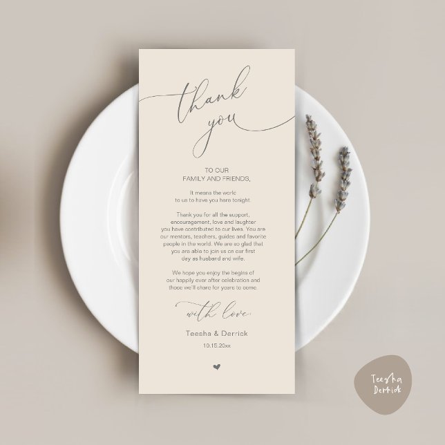 Tarjeta de agradecimiento a Romantic Boda Place (Modern Romantic Wedding Dinner Place Setting Thank You Card, Plate Decor, in Dark Grey and Cream)