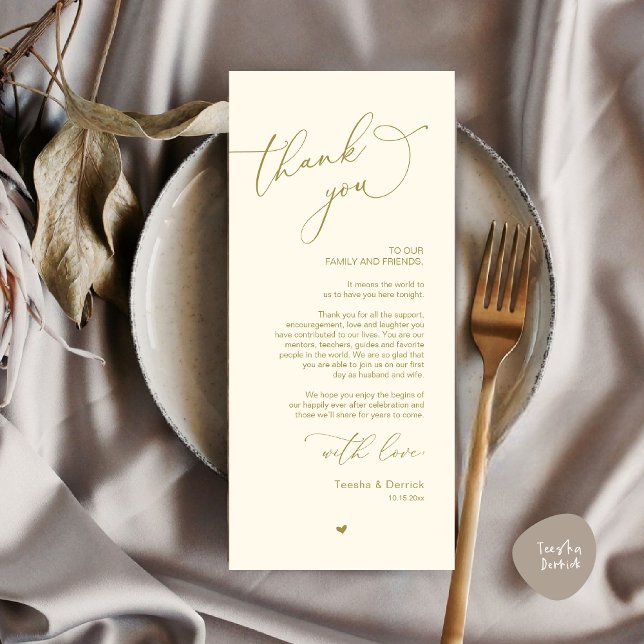 Tarjeta de agradecimiento a Romantic Boda Place (Modern Romantic Wedding Dinner Place Setting Thank You Card, Plate Decor, in Retro Yellow Gold)