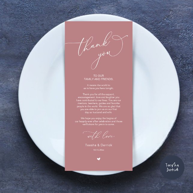 Tarjeta de agradecimiento a Romantic Boda Place (Modern Romantic Wedding Dinner Place Setting Thank You Card, Plate Decor, in Dusty Rose Pink)