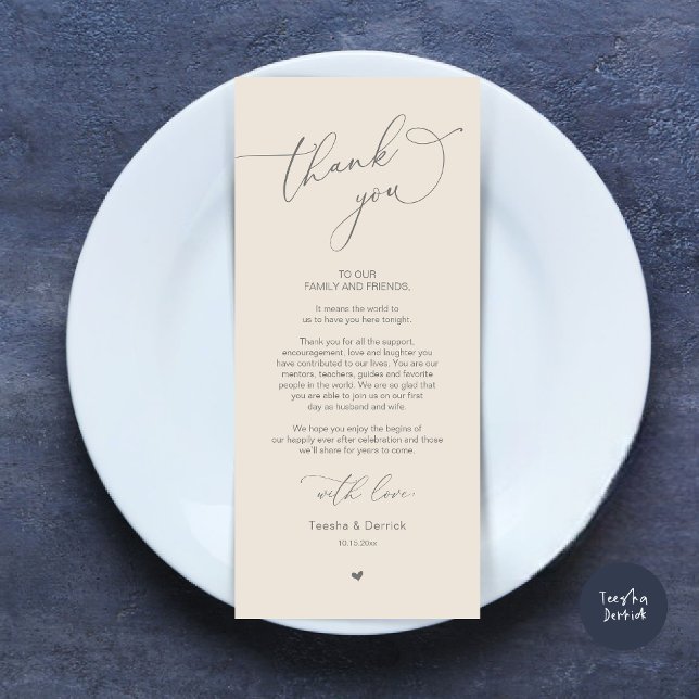 Tarjeta de agradecimiento a Romantic Boda Place (Modern Romantic Wedding Dinner Place Setting Thank You Card, Plate Decor, in Dark Grey and Cream)