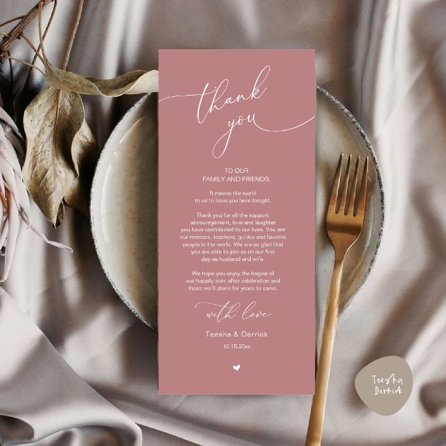 Tarjeta de agradecimiento a Romantic Boda Place (Modern Romantic Wedding Dinner Place Setting Thank You Card, Plate Decor, in Dusty Rose Pink)