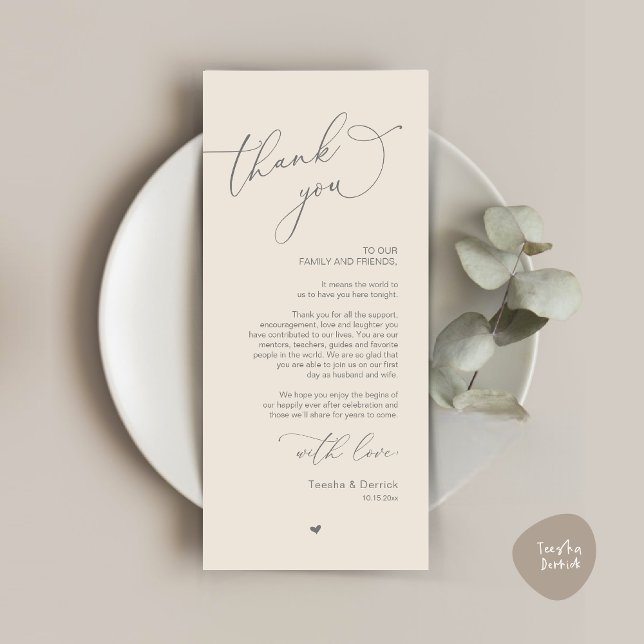 Tarjeta de agradecimiento a Romantic Boda Place (Modern Romantic Wedding Dinner Place Setting Thank You Card, Plate Decor, in Dark Grey and Cream)