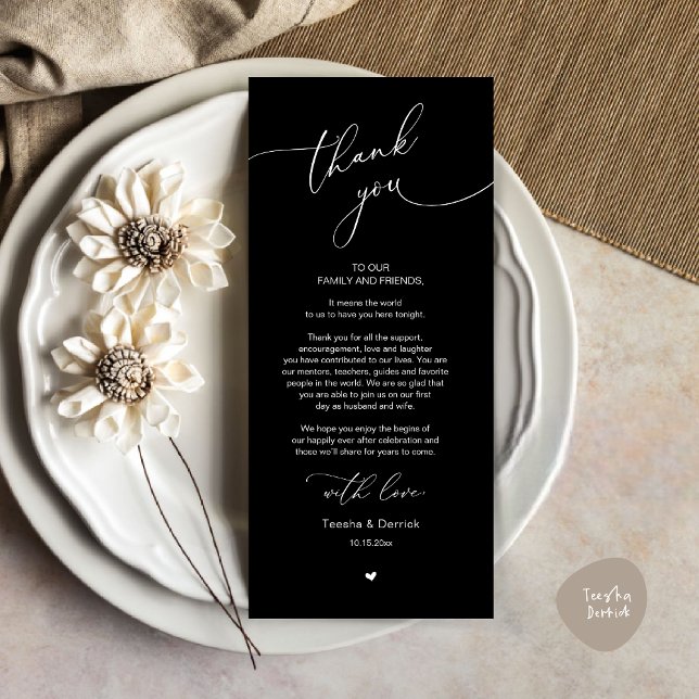 Tarjeta de agradecimiento a Romantic Boda Place (Modern Romantic Wedding Dinner Place Setting Thank You Card, Plate Decor, in Classy Black)