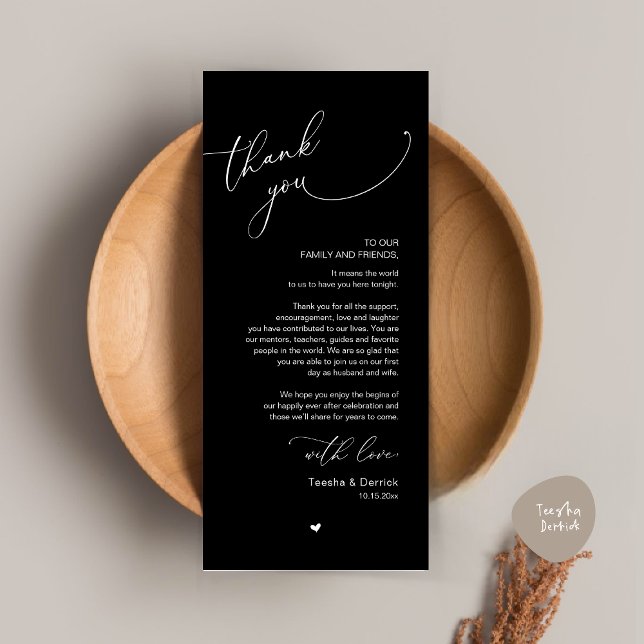 Tarjeta de agradecimiento a Romantic Boda Place (Modern Romantic Wedding Dinner Place Setting Thank You Card, Plate Decor, in Classy Black)