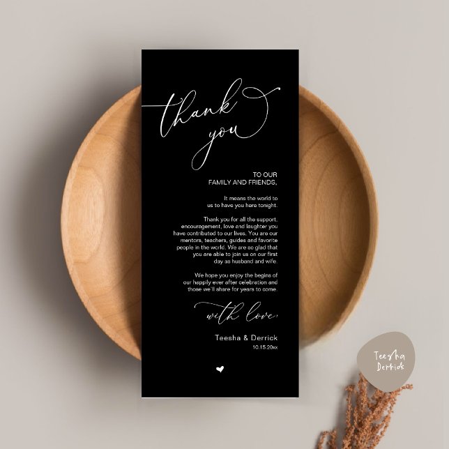 Tarjeta de agradecimiento a Romantic Boda Place (Modern Romantic Wedding Dinner Place Setting Thank You Card, Plate Decor, in Classy Black)