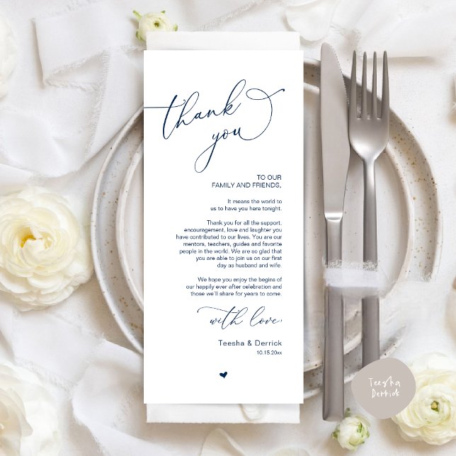 Tarjeta de agradecimiento a Romantic Boda Place (Romantic Modern Wedding Dinner Place Setting Thank You Card, in Classy Navy Blue)