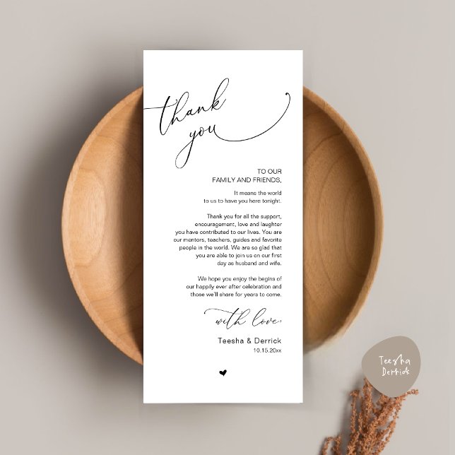 Tarjeta de agradecimiento a Romantic Boda Place (Romantic Modern Wedding Dinner Place Setting Thank You Card, in Minimalist Black and White)