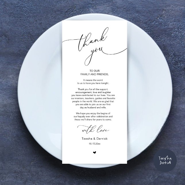Tarjeta de agradecimiento a Romantic Boda Place (Romantic Modern Wedding Dinner Place Setting Thank You Card, in Minimalist Black and White)