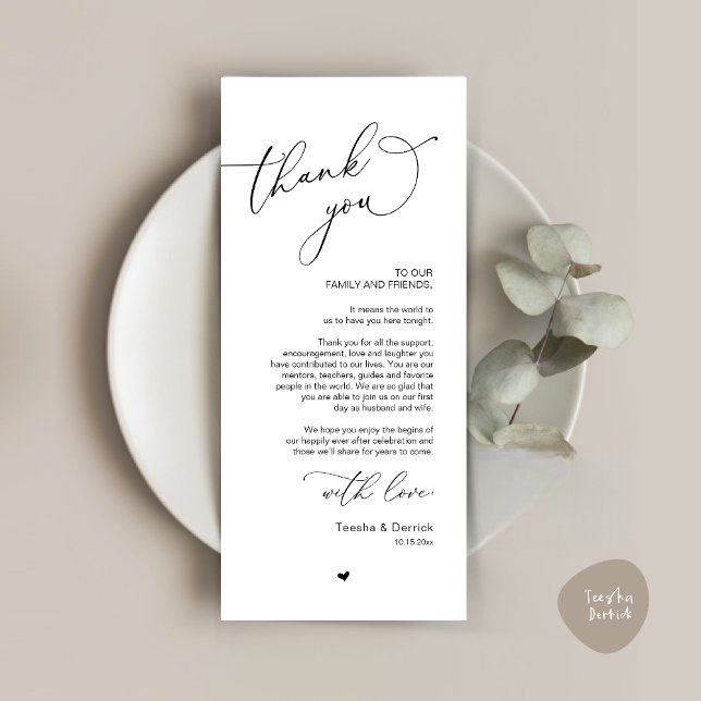 Tarjeta de agradecimiento a Romantic Boda Place (Romantic Modern Wedding Dinner Place Setting Thank You Card, in Black and White)