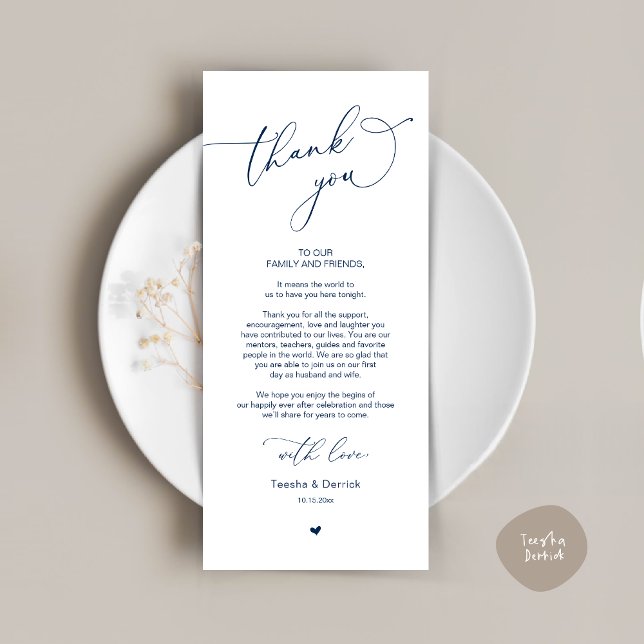 Tarjeta de agradecimiento a Romantic Boda Place (Romantic Modern Wedding Dinner Place Setting Thank You Card, in Classy Navy Blue)