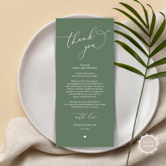 Tarjeta de agradecimiento a Romantic Boda Place (Romantic Modern Wedding Dinner Place Setting Thank You Card, in Greenery Forest Sage Green)