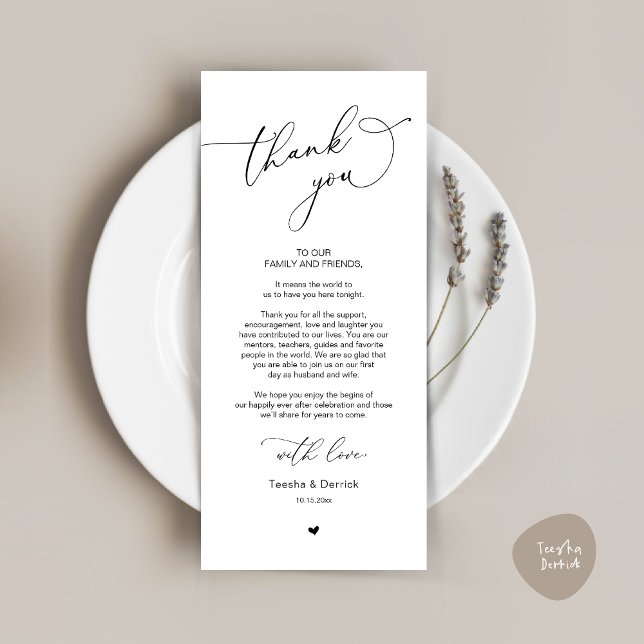 Tarjeta de agradecimiento a Romantic Boda Place (Romantic Modern Wedding Dinner Place Setting Thank You Card, in Black and White)