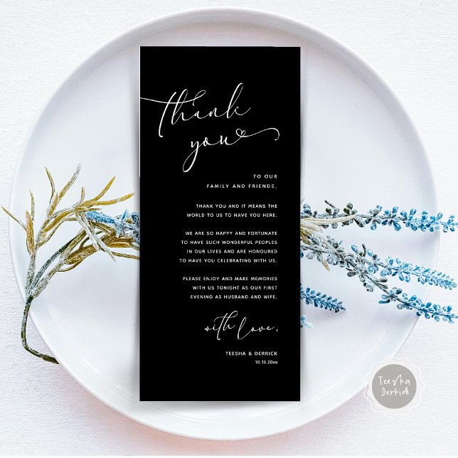 Tarjeta de agradecimiento a Romantic Boda Place (Romantic Minimalist Wedding Dinner Place Setting Thank You Card, in Classy Black)
