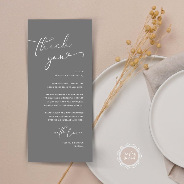 Tarjeta de agradecimiento a Romantic Boda Place (Romantic Minimalist Wedding Dinner Place Setting Thank You Card, in Summer Dark Grey)