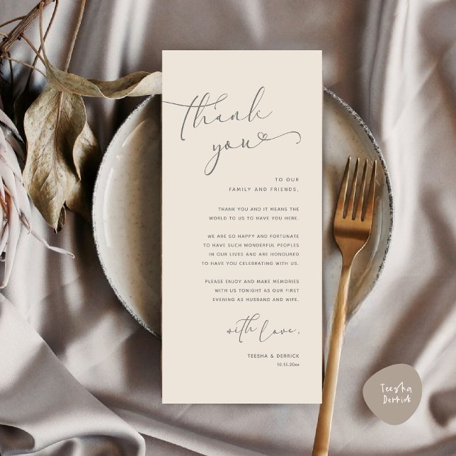 Tarjeta de agradecimiento a Romantic Boda Place (Romantic Minimalist Wedding Dinner Place Setting Thank You Card, in Summer Cream Grey)