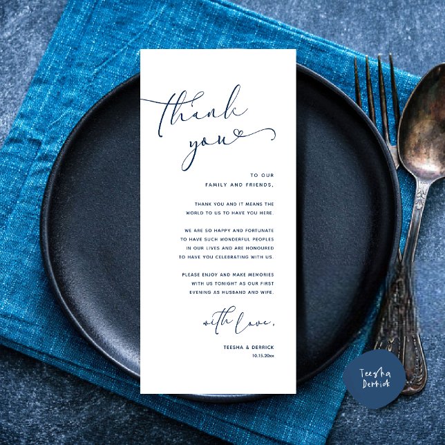 Tarjeta de agradecimiento a Romantic Boda Place (Romantic Minimalist Wedding Dinner Place Setting Thank You Card, in Navy Blue)