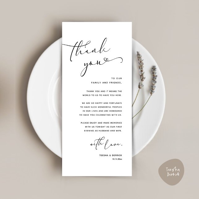 Tarjeta de agradecimiento a Romantic Boda Place (Romantic Minimalist Wedding Dinner Place Setting Thank You Card, in White Black)