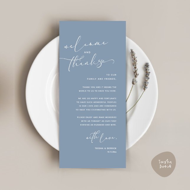 Tarjeta de agradecimiento a Romantic Boda Place (Romantic Wedding Dinner Place Setting Thank You Card, in Dusty Blue)