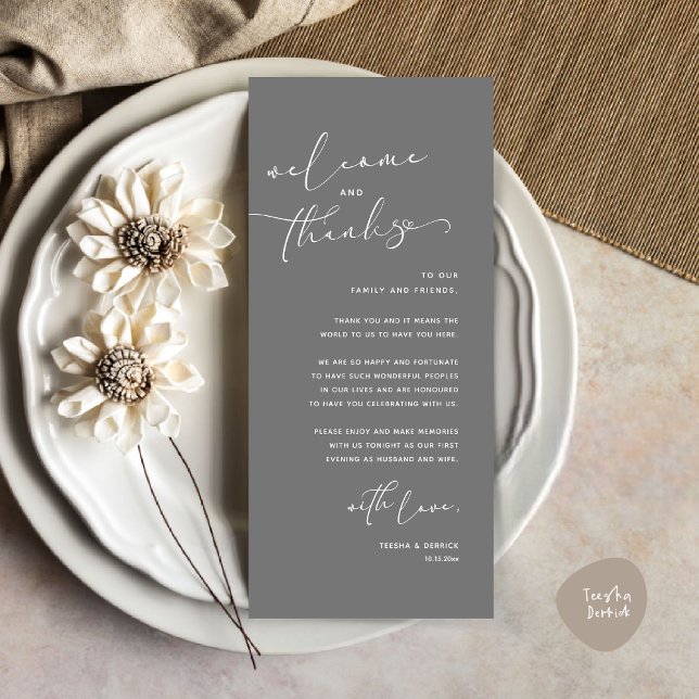 Tarjeta de agradecimiento a Romantic Boda Place (Romantic Wedding Dinner Place Setting Thank You Card, in Dark Grey)