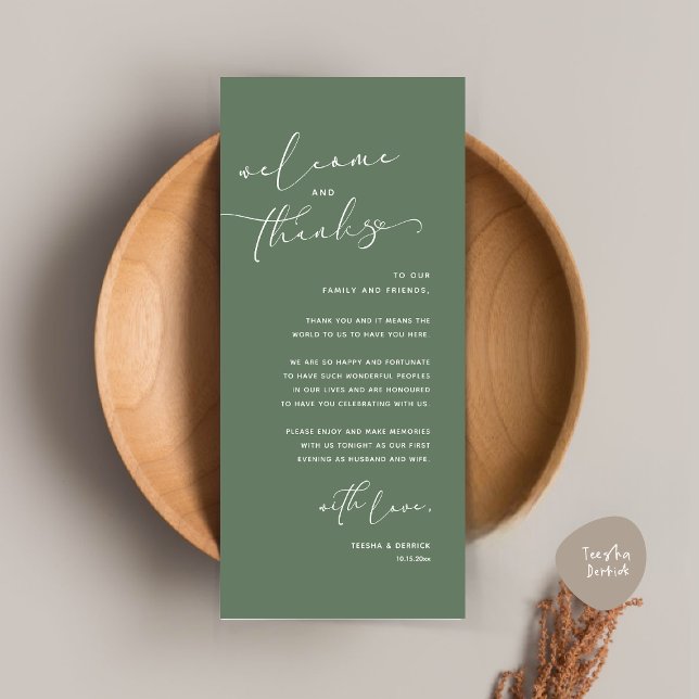 Tarjeta de agradecimiento a Romantic Boda Place (Romantic Wedding Dinner Place Setting Thank You Card, in Forest Sage Green)