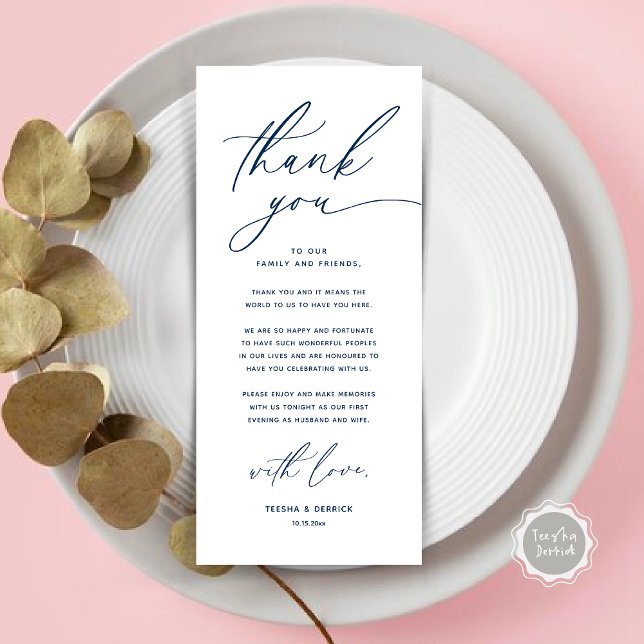 Tarjeta de agradecimiento a Romantic Boda Place (Romantic Wedding Place Setting Modern Dinner Brunch Lunch Party Thank You Card in Navy Blue)