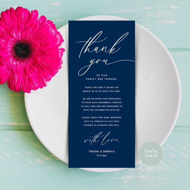 Tarjeta de agradecimiento a Romantic Boda Place (Romantic Wedding Place Setting Modern Dinner Brunch Lunch Party Thank You Card in Navy Blue)