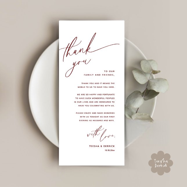 Tarjeta de agradecimiento a Romantic Boda Place (Romantic Wedding Dinner Place Setting Thank You Card Lunch Brunch in Burgundy Wine Red)