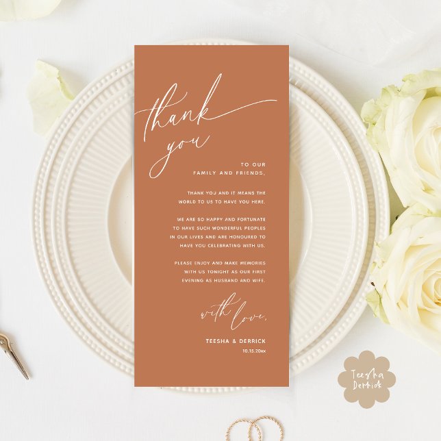 Tarjeta de agradecimiento a Romantic Boda Place (Romantic Wedding Dinner Place Setting Thank You Card Lunch Brunch in Copper Terracotta Brown Earthy)