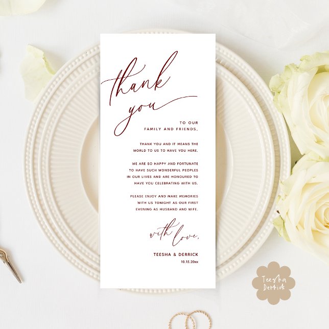 Tarjeta de agradecimiento a Romantic Boda Place (Romantic Wedding Dinner Place Setting Thank You Card Lunch Brunch in Burgundy Wine Red)