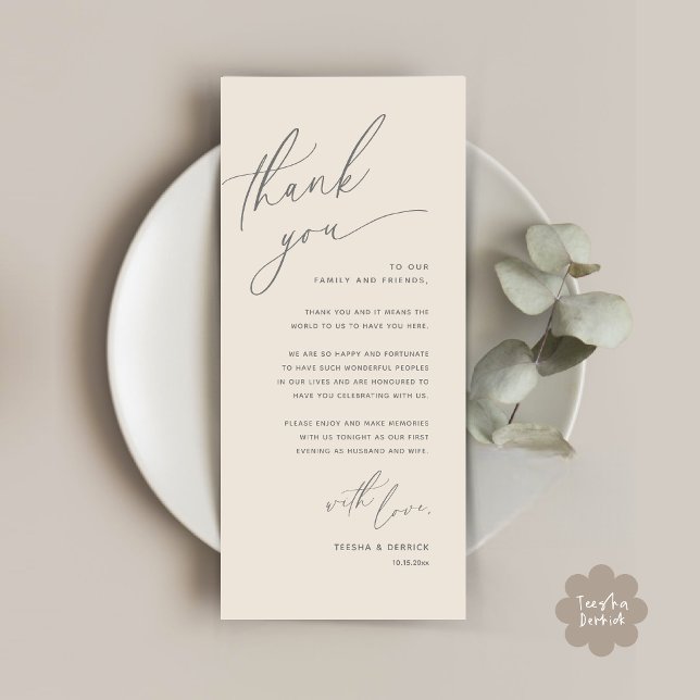 Tarjeta de agradecimiento a Romantic Boda Place (Romantic Wedding Dinner Place Setting Thank You Card Lunch Brunch in Cream Grey)
