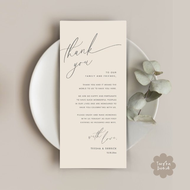 Tarjeta de agradecimiento a Romantic Boda Place (Romantic Wedding Dinner Place Setting Thank You Card Lunch Brunch in Cream Grey)