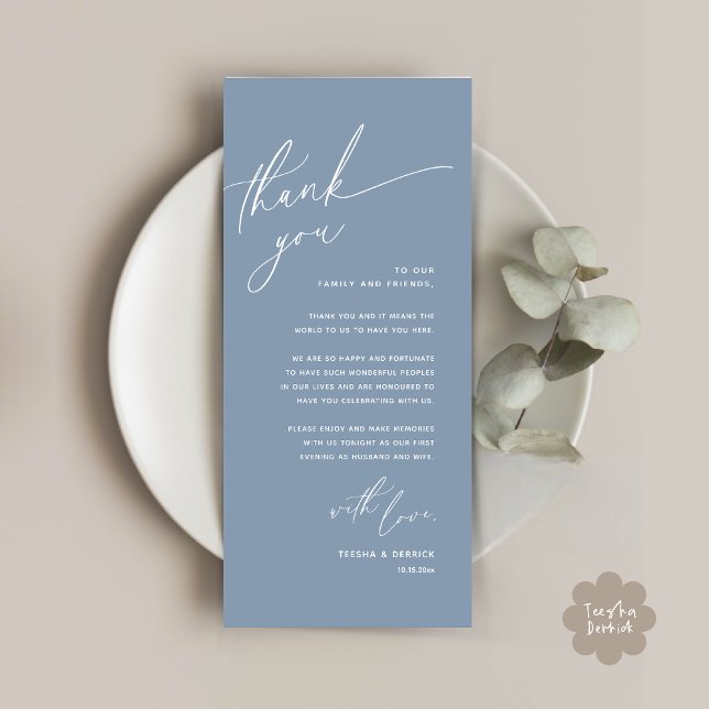 Tarjeta de agradecimiento a Romantic Boda Place (Romantic Wedding Dinner Place Setting Thank You Card Lunch Brunch in Classy Dusty Blue)