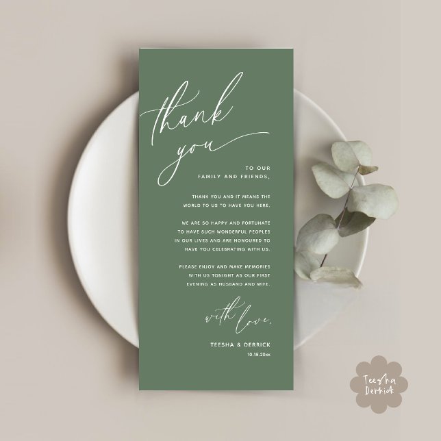 Tarjeta de agradecimiento a Romantic Boda Place (Romantic Wedding Dinner Place Setting Thank You Card Lunch Brunch in Sage Green Greenery)