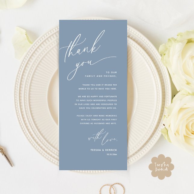 Tarjeta de agradecimiento a Romantic Boda Place (Romantic Wedding Dinner Place Setting Thank You Card Lunch Brunch in Classy Dusty Blue)