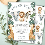 Tarjeta de agradecimiento a Safari Baby Animals y<br><div class="desc">Presentamos nuestra tarjeta Safari Baby Animals and Greenery Gracias, la manera perfecta de expresar su gratitud después de un memorable Safari Baby Shower! Este diseño moderno y sin distinción de género refleja la esencia de una selva exuberante con su vibrante vegetación tropical, lo que lo convierte en una elección ideal...</div>