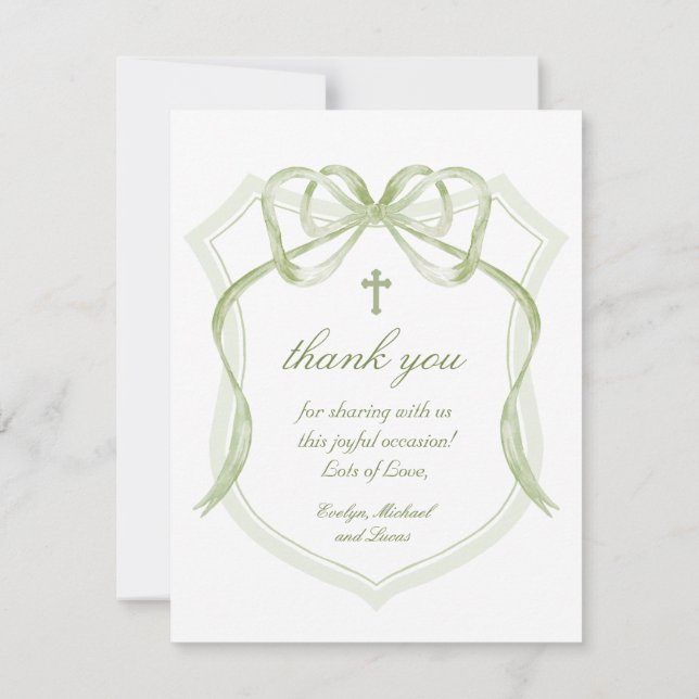 Tarjeta de agradecimiento a Sage Green Bow Escudo  (Reverso)