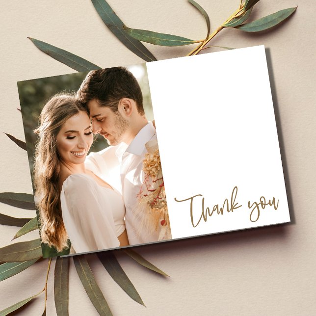 Tarjeta de agradecimiento a simple Boda de guiones (Simple Gold Script Photo Wedding Thank You Card)