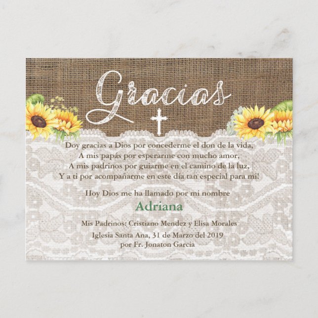 Tarjeta de agradecimiento a Sunflowers Bautismo Es (Anverso)