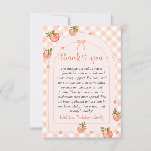 Tarjeta De Agradecimiento A Sweet Little Peach Gingham Baby Shower (Anverso)